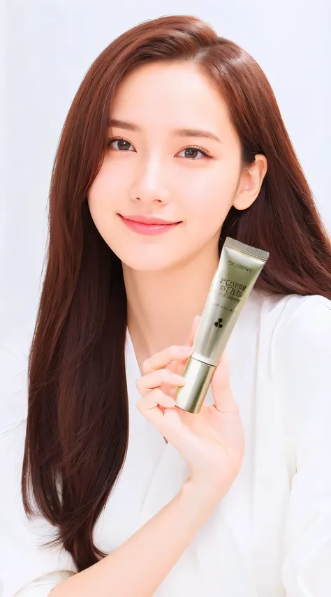 arafed woman holding a tube of cream and a tube of cream, popular south korean makeup, popular korean makeup, jaeyeon nam, jinyoung shin, with shiny skin, innocent look, heonhwa choe, detailed image, smooth glowing skin, smooth porcelain skin, shiny gloss...