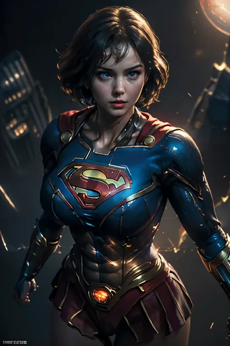 (8K), (best quality), (masterpiece: 1.2), (realistic), (superhero Supergirl Beautiful woman has short hair, ( She has an expression of disdain on her face ), He has a well-defined full body with large breasts) , (Supergirl with her big cleavage and curvy b...