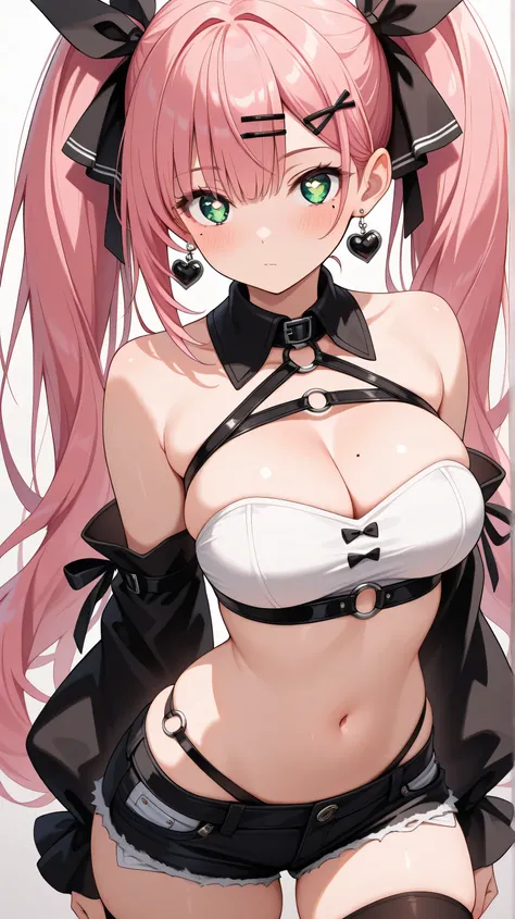 (masterpiece), best quality, expressive eyes, perfect face, 1girl, breasts, solo, pink_hair, navel, long_hair, shorts, green_eyes, strapless, cleavage, thighhighs, looking_at_viewer, hair_ornament, hairclip, twintails, black_shorts, ribbon, hair_ribbon, me...