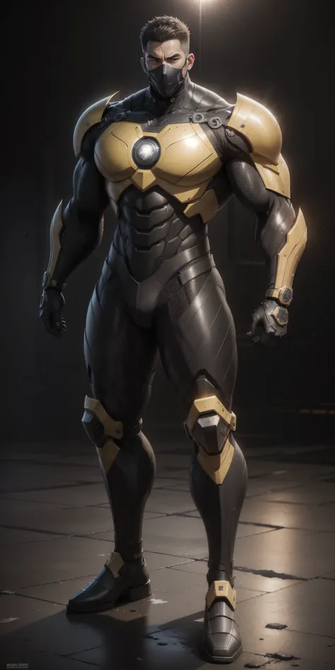 a 2-meter-tall Muscular man，Dark Yellow Black and Line Helmet ， Knight Mask，Dark Yellow Black and Line Camouflage Nano Mecha ，  mechanical headphones  ，  character concept  （Chris Redfield）Senior Police Officer，Small checkered texture ， Regular symmetrical...