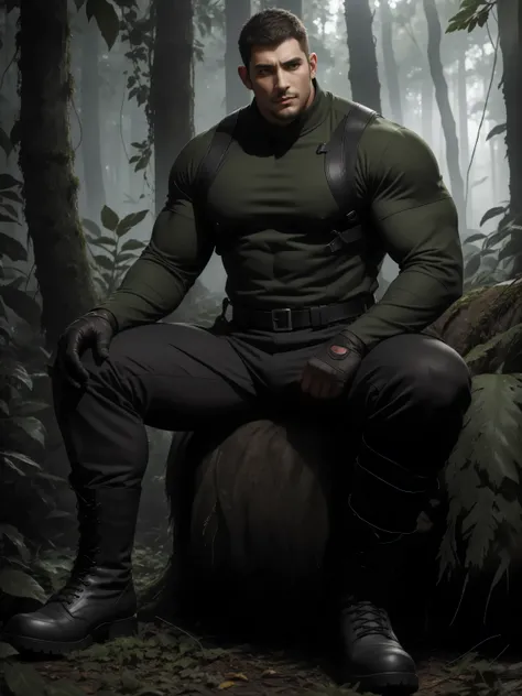 a tall giant Muscular man sitting in the forest, Dark gray camouflage military uniform , character design (Resident Evil - Chris Redfield , Chris Redfield )His hairstyle is a flat head ,身穿 Dark gray camouflage military uniform ,Frosted grain texture ,...