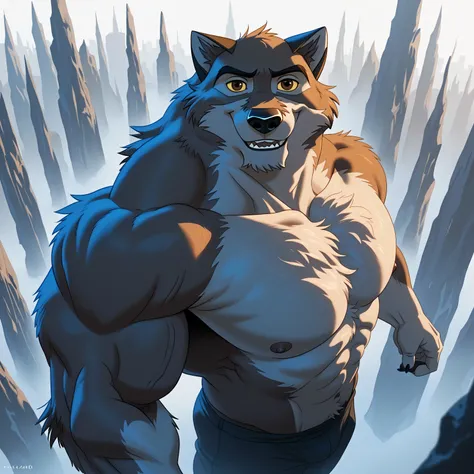 baltotwd, wolfdog, balto, brown eyes, yellow sclera, solo, detailed, detailed face, black eyes, anthro body, male, adult, muscular, cartoon shading, cel shaded:1.0, flat colors, (no background, white background):1.5, shirtless, wfa style, negger style, car...