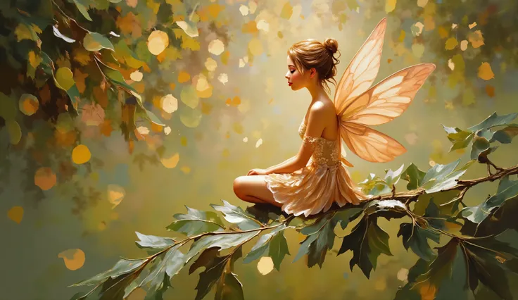 Impressionist painting style with soft brushstrokes and dreamlike quality capturing a delicate fairy with translucent wings seated gracefully on a large oak leaf in a peach and olive color palette. The fairy has luminous skin with peachy undertones and wea...