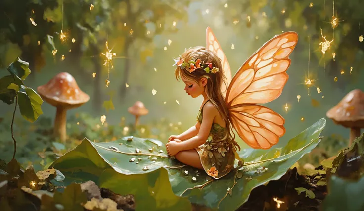 Impressionist art style with visible brushwork and gentle color transitions showing a small fairy with butterfly-like wings resting on a curved green leaf dappled with dewdrops, rendered in soft peach and olive tones. The fairy has flowing hair adorned wit...