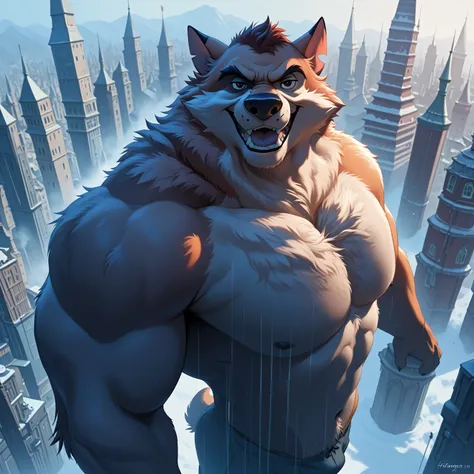 Kaltag pny, alaskan malamute, solo, detailed, detailed face, detailed eyes, anthro body, male, adult, very muscular:1.1, cartoon shading, cel shaded:1.0, flat colors, shirtless, wfa style, negger style, cartoony anatomy, above waist, looking at viewer, arm...