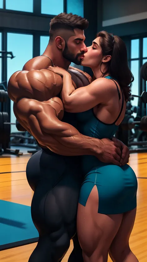 A handsome 50 year old indian gym instructor huge thick beared hairy daddy kissing with young women in gym both weared work out dresses, masterpiece, forcefully kissing, physically violence, 8k, ultra realistic photograph, Nikon D750F camera photography 