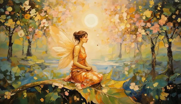 Monet-inspired impressionist style with visible brushstrokes and vibrant color play depicting a fairy with gossamer wings sitting cross-legged on a large curved leaf, painted in a harmonious palette of peach blossoms and olive greens. The fairy has a lumin...
