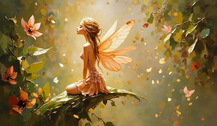 Impressionist artwork with loose brushwork and emotional color use depicting a delicate fairy with translucent dragonfly wings perched on the edge of a curved leaf, rendered in a harmonious palette of soft peach tones and olive greens. The fairy has an eth...