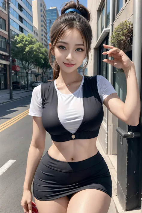 （quality），8k，（ masterpiece：1.3），（ 1 girl：1.3）（Named after Mina）， beautiful Korean girl ， K-pop idol ，big blue eyes，Double eyelid long lashes ， sexy and plump red lips ，brown ponytail， beautiful woman with perfect body：1.4，（ vest line hanging on the stomach...