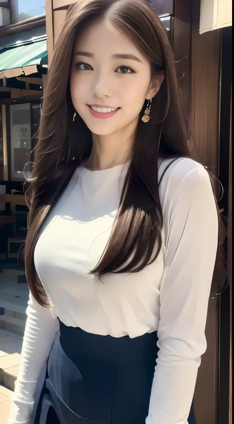 (( TOP QUALITY, 8k,  masterpiece :1.3)),  one girl,  staring at the camera, shake hands,   adorable smile, Dynamic Poses,beautiful woman, ( dark brown hair),  Big Breasts:1.3,cardigan,white long sleeve t-shirt , Dark Blue Tight Skirt ,  high heels,  Very e...