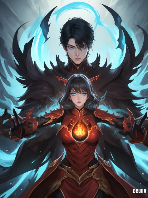 An epic web novel cover image in the style art featuring animated manhwa style fierce young man with imperial atmosphere in mystical designed streamlined body-con ancient red armor, short black hair. his hands is manipulating vibrant blue elemental magic. ...