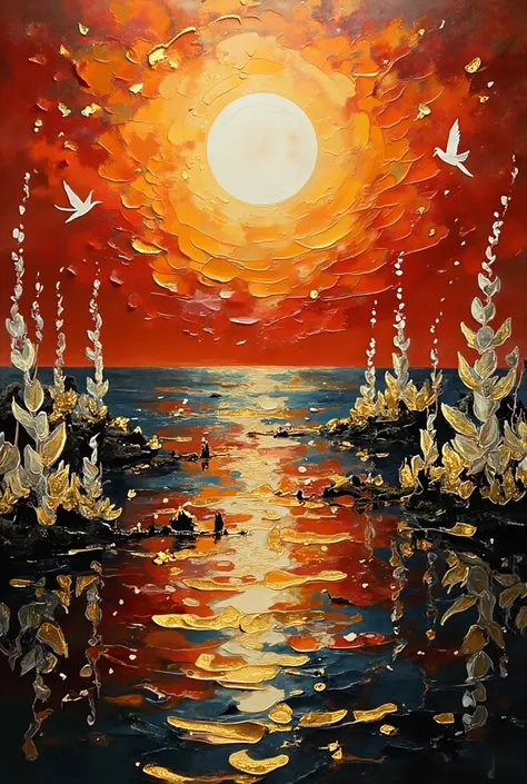 Surrealist art style with sharp contrasts, mesmerizing lake with unnaturally smooth black and red waters reflecting a massive golden sun, stark white reeds and strange flora emerging from ebony banks, golden dust particles floating in the air creating a ma...