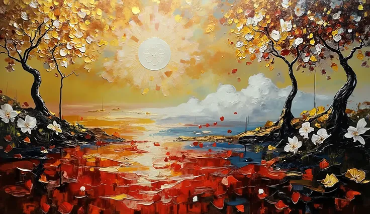 Abstract expressionist style with emotional color blocking, hypnotic surreal lake scene with liquid gold and crimson waters swirling together, stark black twisted trees and white flowering plants creating dramatic silhouettes along the shore, golden partic...