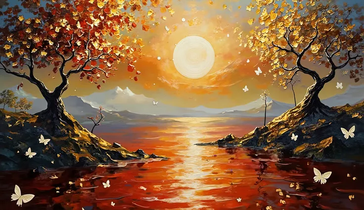 Contemporary fantasy art style with hyperrealistic details, enchanted lake with blood-red waters reflecting a gold-plated sun, obsidian rocks and alabaster flowers dotting the shoreline, glittering golden dust particles floating in the air creating magical...