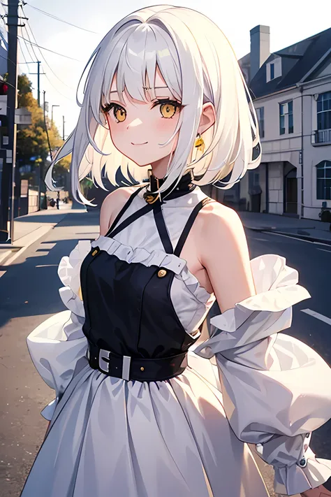 Young girl, shoulder length hair, white hair, yellow eyes, smile face, cute girl, not happy girl, background white mansion, casual clothes, shoulder length hair, short length shoulder hair, 