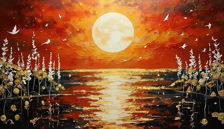 Surrealist art style with sharp contrasts, mesmerizing lake with unnaturally smooth black and red waters reflecting a massive golden sun, stark white reeds and strange flora emerging from ebony banks, golden dust particles floating in the air creating a ma...