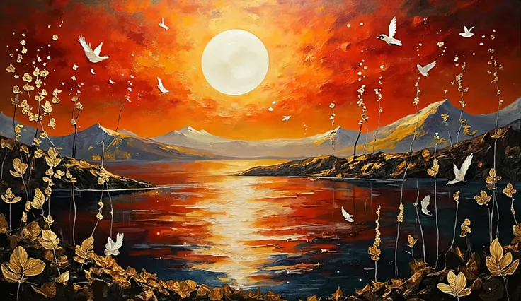 Surrealist art style with sharp contrasts, mesmerizing lake with unnaturally smooth black and red waters reflecting a massive golden sun, stark white reeds and strange flora emerging from ebony banks, golden dust particles floating in the air creating a ma...
