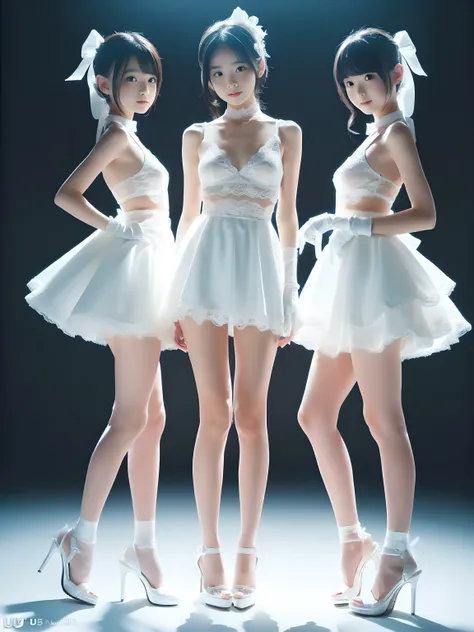 (((Full body portrait:1.5))),(A three-person idol group dressed in pure white outfits),(very cute petite Japanese girls with a slender body and a baby face),(Short stature and skinny body),(short limbs),(extremely cute girls),(very short pure white lace mi...