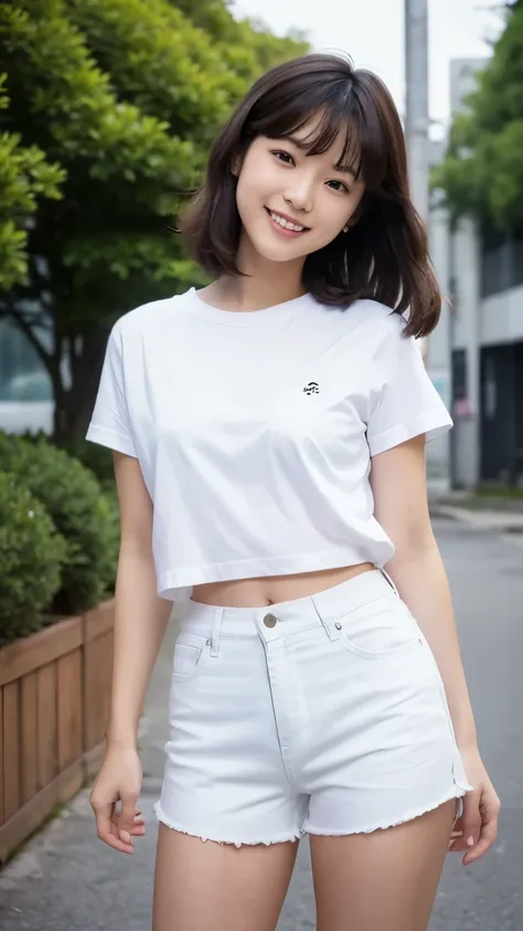 Japanese idol from 1980s, beautiful young female (18-22), standing, full body shot, natural glossy makeup, (tucked-out white T-shirt), blue denim hot pants, white sneakers, looking at viewer, feeling love, shy smile, front view, soft focus lighting, realis...