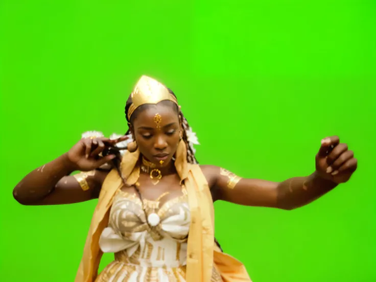   a close up of a statue of a woman with a sword , epic 3d oshun,  Photo of a music video  , Yoruba body paint, video still, ifa deity, African Queen, Meme template, wearing an elaborate green and gold dress, goddess rainha,  an ahoge stands up on your hea...