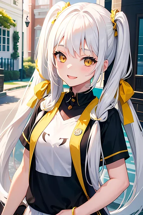 Young girl, long twintail hair, white hair, yellow eyes, smile face, cute girl, happy girl, background white mansion, casual clothes, twintail long hair