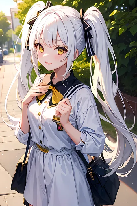 Young girl, long twintail hair, white hair, yellow eyes, smile face, cute girl, happy girl, background white mansion, casual clothes, twintail long hair