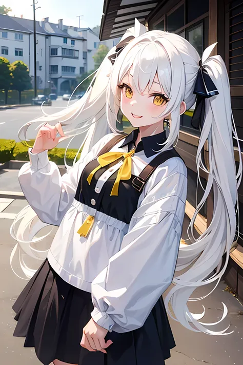 Young girl, long twintail hair, white hair, yellow eyes, smile face, cute girl, happy girl, background white mansion, casual clothes, twintail long hair, very happy girl