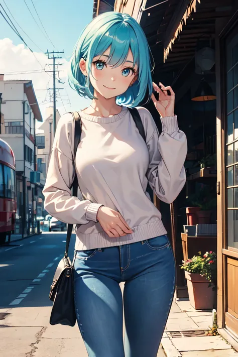 1girl, standing, (cowboy shot:1.3), skinny jeans, glay sweater, sunny, blue sky, smile, aqua hair, looking at viewer, one hand up, bag, best quality, high resolution