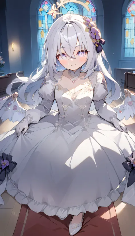 Azusa (blue archive),purple eyes,white hair,long hair,Wings,hair flower,halo, Alone,  showing eyebrows from inside the hair , hair between their eyes, viewers, masterpiece, Top Quality, very aesthetic, thick thighs, wedding dress, lace trim, choker, neckla...
