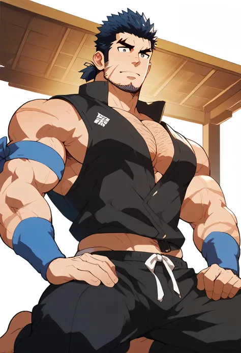 safe_pos, high quality, high detail, best quality, 1boy, solo, male focus, bara, male, Kenichiro, blue hair, spiked hair, short hair, ponytail, thick eyebrows, shadow eyes, facial hair, thick chest hair, body scars, scars all over, KenichiroOutfit, black t...