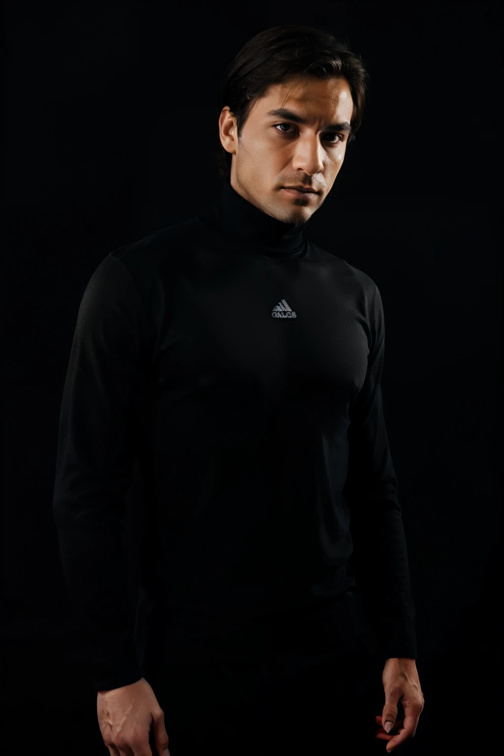 A man standup with black background, with contrast shadow and highligh, use turtleneck