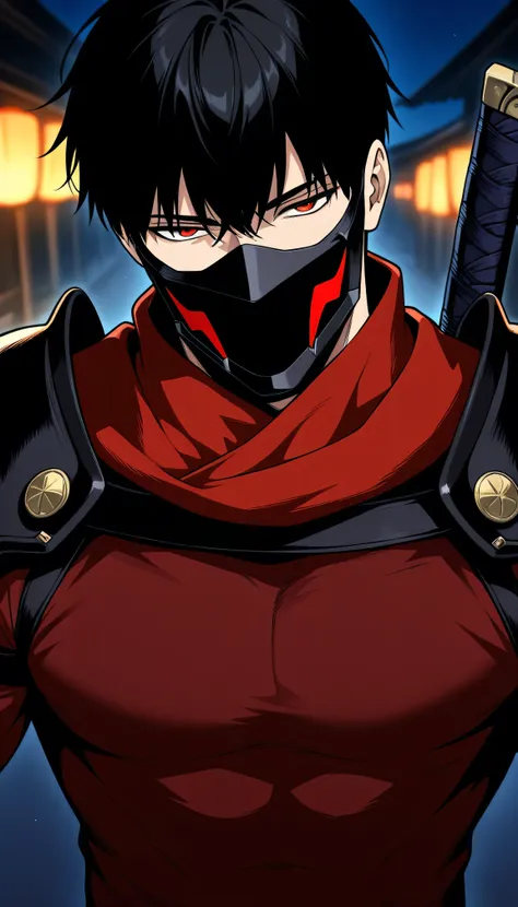 masterpiece, best quality, good quality, 1guy, handsome man with short black hair, red eyes, wearing red ninja outfit with shoulder armor, looking at viewer, seductive expression, japanese village at night background, wearing black mask that covers mouth, ...