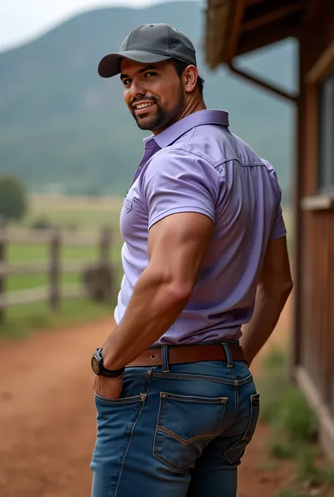 Fotografía nitida, no blur, realista, 35-year-old muscular (((atletic man))) , spread ass, View from below, de espaldas, light purple Oxford shirt and very tight blue jeans, brown belt, de perfil, Big butt, viendo a cámara, ojos negros, smile, en el rancho...