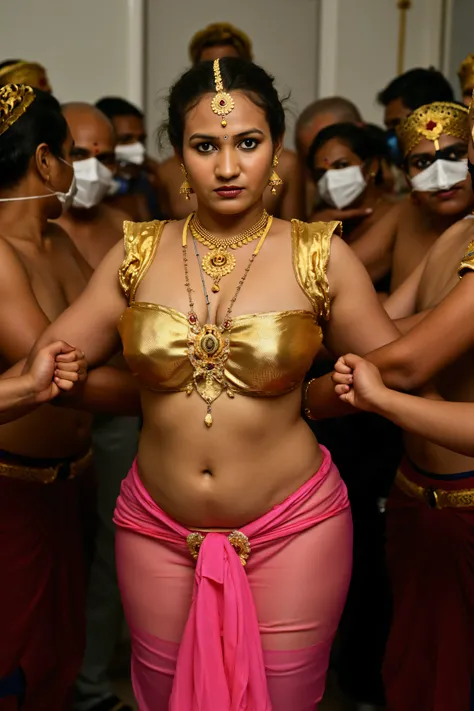 Highres,utraHD, photorealistic, boudoir photo of Sexy Indian curvy cuckold wife ,indian hourglass figure, wearing half sleeved wet metallic golden glossy latex cold-shoulder choli ,  and thin layer of extremely long sheer satin pink Indian skirt ,   she pu...