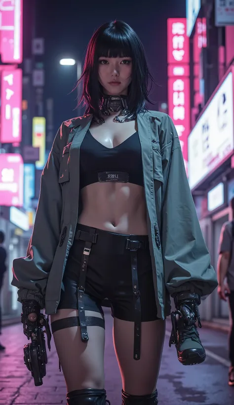 a beautiful Korean woman with fair skin, black bob hair with straight bangs, large breasts, a V-neck top that leaves her belly exposed, a short grayish green coat, black mini shorts, 7/8 stockings that mark her leg and boots that are a high-top version of ...