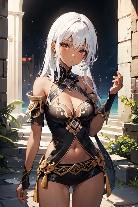 1girl,deep dark skin, Shaman, looking at viewer, silver hair, bare shoulder, bare Thighs, cleavage:1.3), ancient ruins, cowboy shot,medium breast,best quality, high resolution