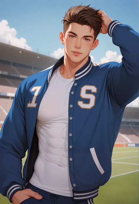 A handsome man in his 20s, an athletic build, in a letterman jacket. He is looking at the viewer. His hair is framing his face. The background is an urban football field. confident pose.