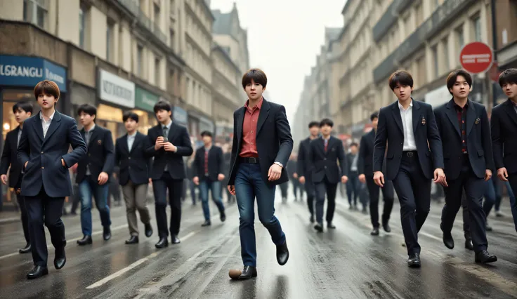A young man with a "Rubber Soul"-era Beatles hairstyle, wearing a vintage 1960s-inspired outfit, casually kicking a small stone on a gray, rainy city street. The city is slightly blurred, evoking a melancholic yet nostalgic atmosphere. Around him, people a...