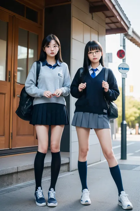 1980 residential sidewalk,masterpiece,8k,(((angle see from the ground))),Angle of two female middle school students from below,age 15,front shot,Watch here,((navy blue student sweater and collared shirt,((Beautiful legs with long thighs)),navy blue micro p...