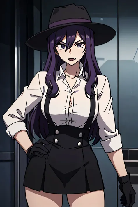 27 year old woman, tall and big body, criminal face, wearing white shirt, wearing black short skirt, wearing black wide brim hat, purple hair color, slightly curly hair, has fangs, criminal, sexy, two buttons of shirt open, psychopath, wearing black gloves...