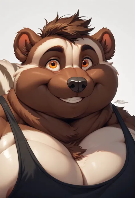 overweight skunk, (((skunk))), mephitid, furry, (morbidly obese, fat, excess fat), ((dark brown fur)), (big eyes, orange eyes), male, long snout, pointed snout, black nose, (((focus on face))), ((massively fat)), ((massively huge pecs)), ((fat neck)), ((sm...