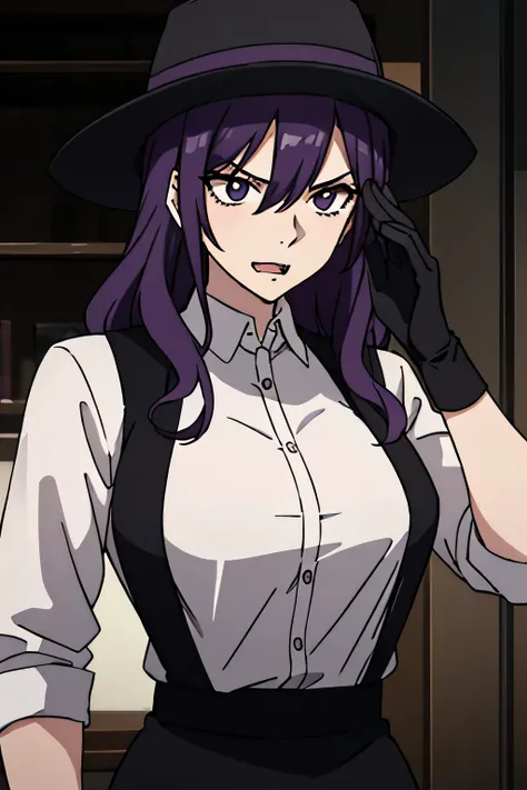 27 year old woman, tall and big body, criminal face, wearing white shirt, wearing black short skirt, wearing black wide brim hat, purple hair color, slightly curly hair, has fangs, criminal, sexy, two buttons of shirt open, psychopath, wearing black gloves...