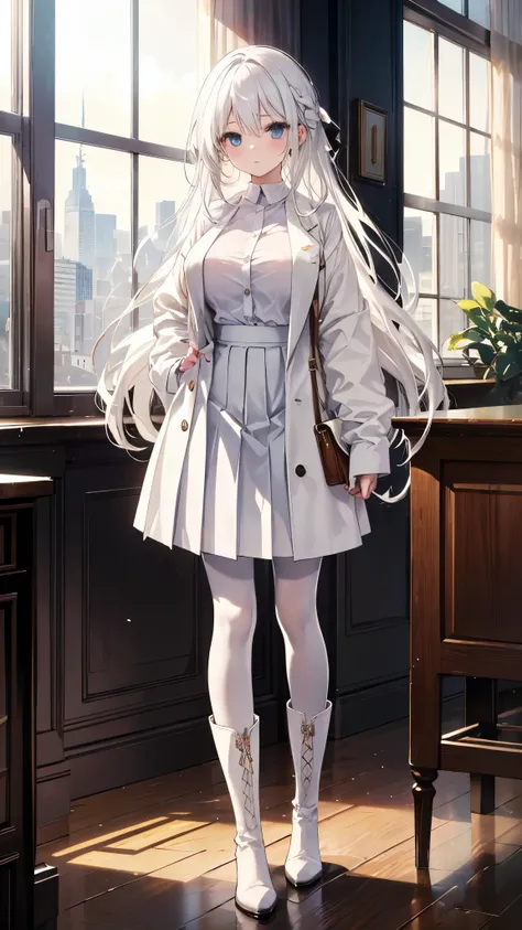 long white hair，She is wearing a white shirt、Pleated skirt，white stockings，white boots,120d pantyhose，Short coat,large breast