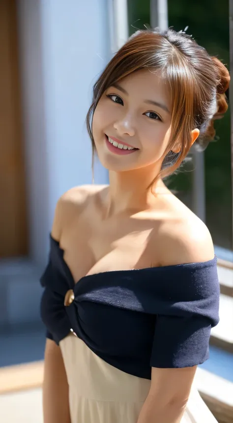 masterpiece,best quality,(Japanese girl),((Beautiful girl)),cleavage,(off shoulder:1.2),(perfect body beauty:1.2),(shy smile),From slightly above