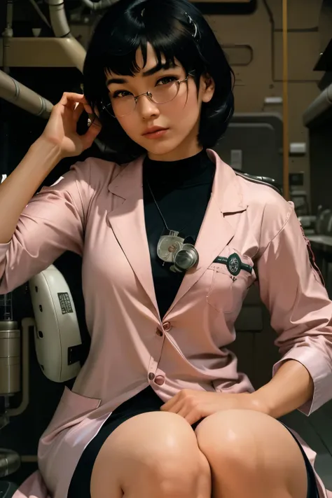 close up, Suzuka Asian, (hair and bangs), round glasses, cyberpunk, Columbia goddess, art deco maiden, sci-fi, Luis Ricardo Falero painting, edgy painting, masterpiece, (detailed face) (wearing pink lab coat) (in scifi lab with sleep pod)