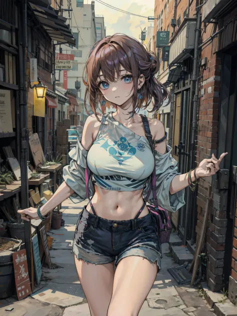 earring, large breasts, narrow waist, short hair, wavy hair, hair behind ear, half updo, black hair, looking at viewer, cowboy shot, ((t−shirt)), shoulder strap, midriff, shorts, off shoulder, sleeveless,