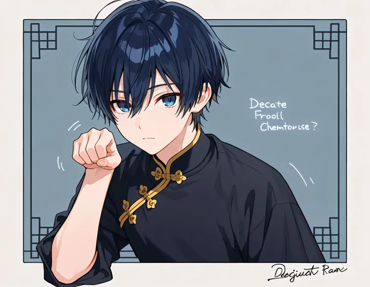 Top quality, masterpiece, super resolution, delicate details,1人のcute male lantern dark blue hair blue eyes black Chinese clothes cool expression paw pose pretty face male thin body delicate expressionless male male male sleeve Front Black Front Tu...