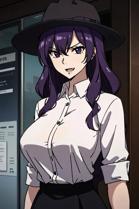 27 year old woman, tall and big body, criminal face, wearing white shirt, wearing black short skirt, wearing black wide brim hat, purple hair color, slightly curly hair, has fangs, criminal, sexy, two buttons of shirt open, psychopath, wearing black gloves...