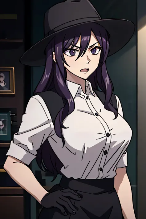 27 year old woman, tall and big body, criminal face, wearing white shirt, wearing black short skirt, wearing black wide brim hat, purple hair color, slightly curly hair, has fangs, criminal, sexy, two buttons of shirt open, psychopath, wearing black gloves...