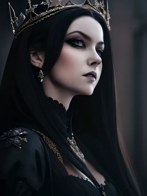 a close up of a woman in a black dress and a crown, digital art by Marie Bashkirtseff, tumblr, gothic art, beautiful elegant demon queen, ((a beautiful fantasy empress)), dark goth queen, beautiful vampire female queen, an elegant gothic princess, dark got...